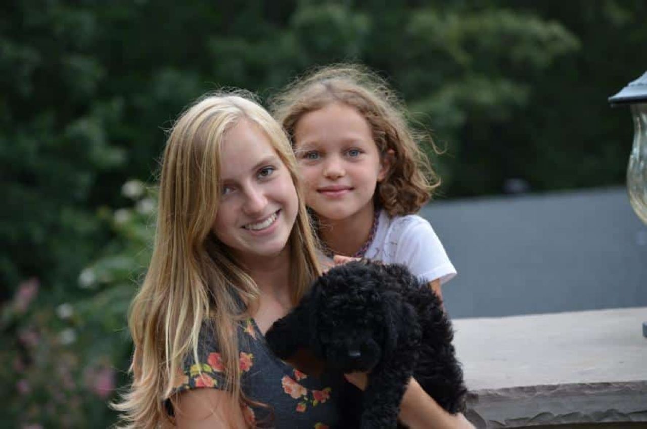 Goldendoodle with Mom and Daughter